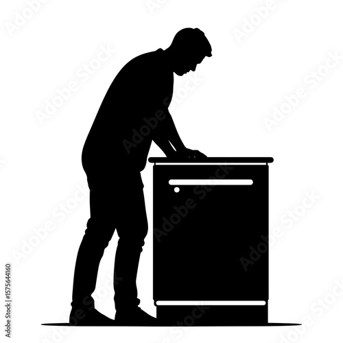 Silhouette of a man standing at a dishwasher or oven, leaning forward, symbol of daily routine, housework, fatigue, reflection, or modern domestic life