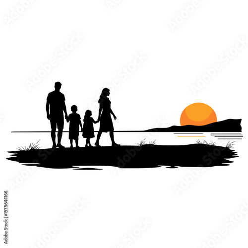 Silhouette of a family with two children walking by the sea at sunset, symbol of unity, love, peace, vacation, bonding, and beautiful shared moments