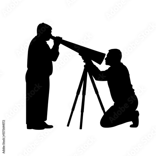 Silhouette of two men using a telescope, one adjusting and one observing, symbol of astronomy, science, exploration, stargazing, teamwork, learning, and curiosity