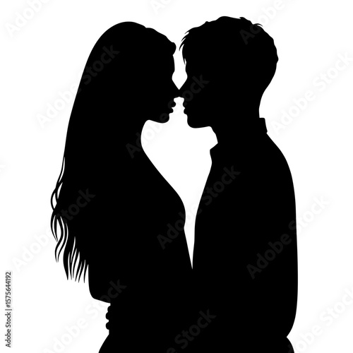 Romantic couple silhouette, profile view, man and woman facing each other, heads close together, forming heart shape.  Silhouette features long hair woman and short hair man, intimate pose.