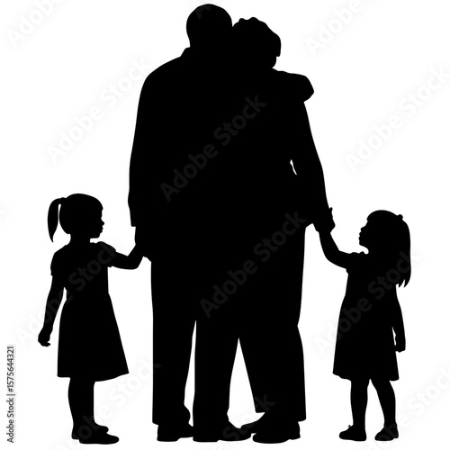 Silhouette of a man and woman with their daughters, standing together as a new blended family, symbol of single parents uniting, concept of love, unity, and second chances