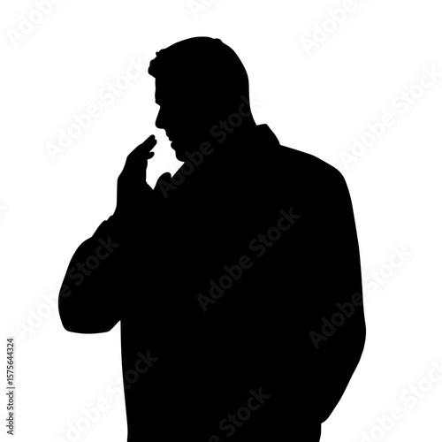 Male silhouette profile, thoughtful pose, hand near face, looking down. Man silhouette image showing pensive expression.  Silhouette concept ideal for profile picture, website design or advertising.