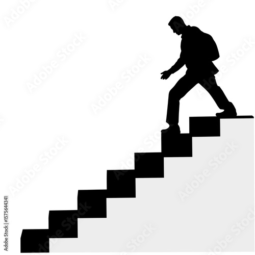 Silhouette man walking down stairs captures business person descending staircase. Silhouette man walking down stairs signifies determination and challenge.