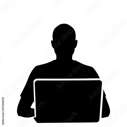 Silhouette of man using laptop, focused on work, with white backdrop. Silhouette suggests concentration and dedication, ideal for professional or creative endeavors, using silhouette as visual symbol.