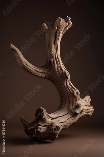 A knotty piece of driftwood stands against a dark brown background, showing off its rough texture.