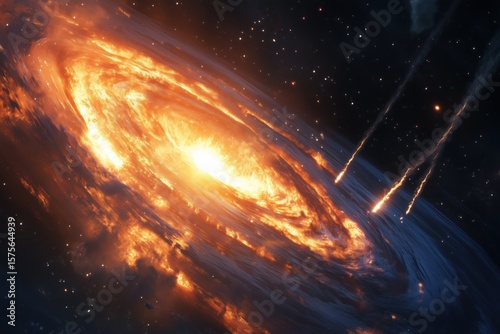 Spiraling galaxy emitting intense orange and yellow light surrounded by glowing dust clouds in deep space with several meteors streaking toward galactic center