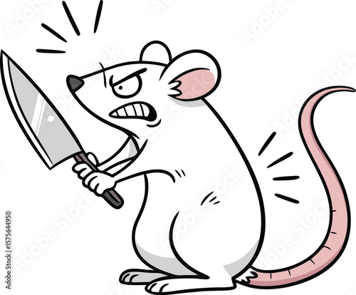Vector art of an angry cartoon mouse wielding a knife isolated on white background shows a dangerous pest