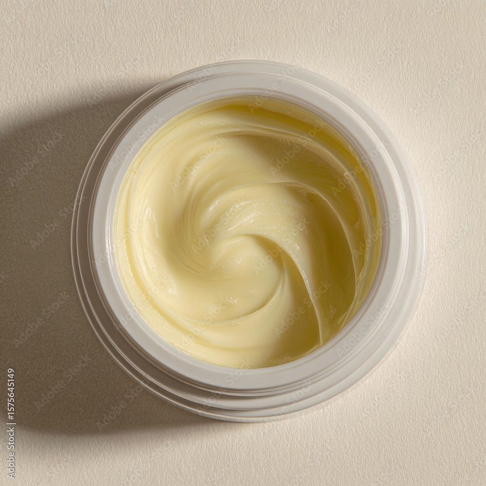 Creamy, light-yellow facial moisturizer in white jar, top-down view Creamy, light-yellow facial moisturizer in white jar, top-down view