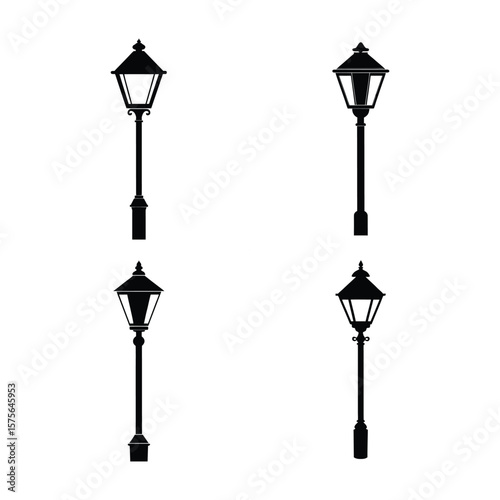 Street lamp Silhouette Vector Set Black Icon Collection Isolated on White Background