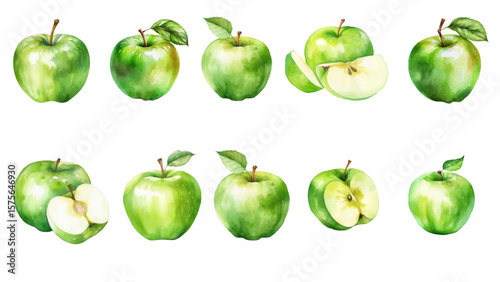 Set of watercolor green apple 
