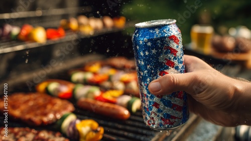 Sizzling Summer BBQ Feast: Grilling Delicious Steaks, Salmon, and Fresh Vegetables and soda