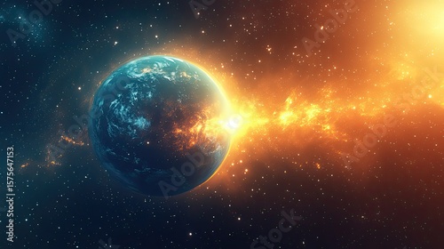 Abstract sun and Earth illustration, space theme with glowing orbits and cosmic gradient background