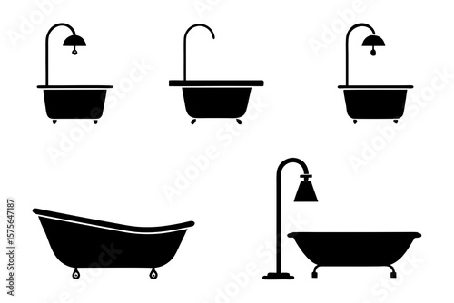 set of Bathtub and Shower silhouette vector illustration