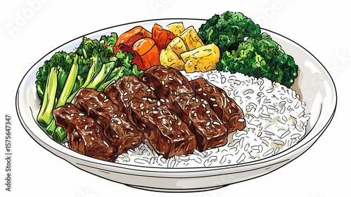 Hand-drawn illustration of a bowl of teriyaki beef with rice and vegetables.