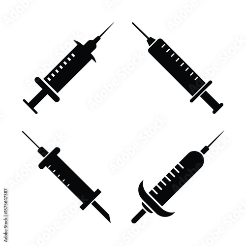 Syringe Silhouette Vector Set Black Icon Collection Isolated on White Background