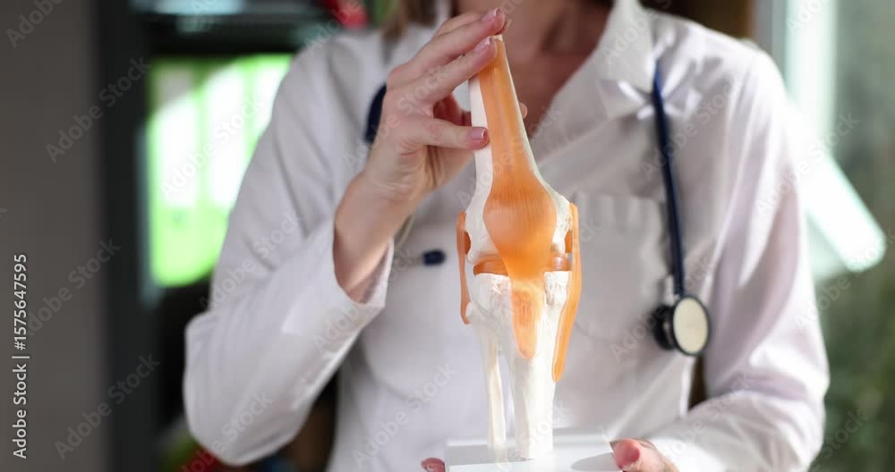 Doctor shows plastic knee model highlighting ligaments and bone connections. Person binds object carefully describing structural features to students
