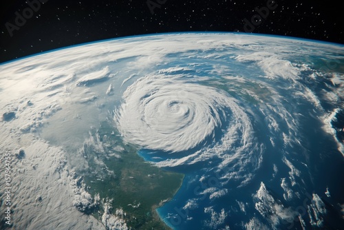 Earth viewed from space showing massive hurricane swirling over ocean near coastline, dense cloud formations spiraling around storm center, stars visible in background