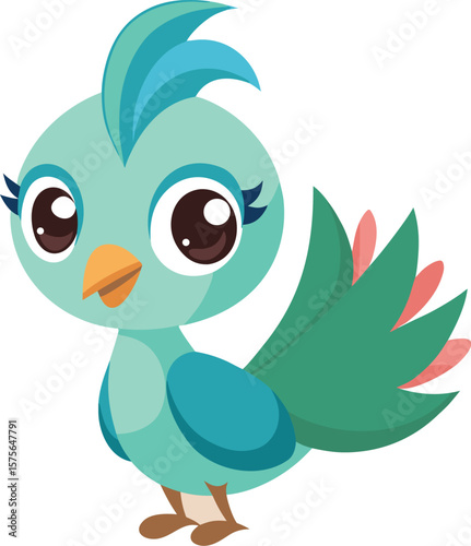 Aqua Green Bird with Coral Feathers Vector
