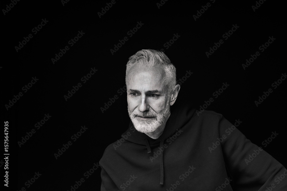 Contemplative mature man against black background Contemplative mature man against black background