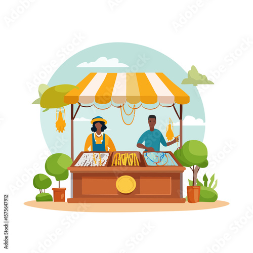 Local market stall with vendors selling handcrafted goods and souvenirs.