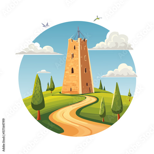 Cartoon Illustration of a Stone Tower on a Green Hill with a Winding Path
