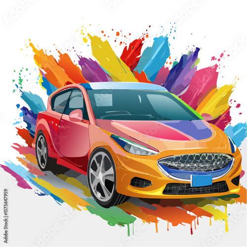 Colorful Car Illustration with Paint Splatter Background