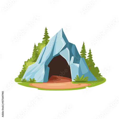 Cartoon Ice Cave in Nature Scene with Trees and Greenery, Isolated on Black