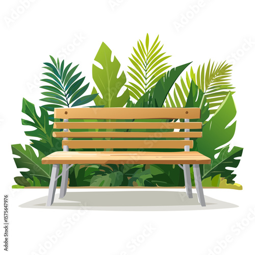 Wooden bench surrounded by lush tropical plants on black backdrop.