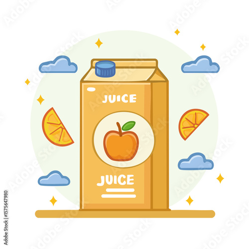 Cute cartoon juice box illustration with orange slices and clouds for a refreshing summer vibe