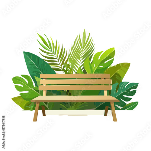 Tranquil bench surrounded by vibrant greenery, perfect for relaxation and escape.