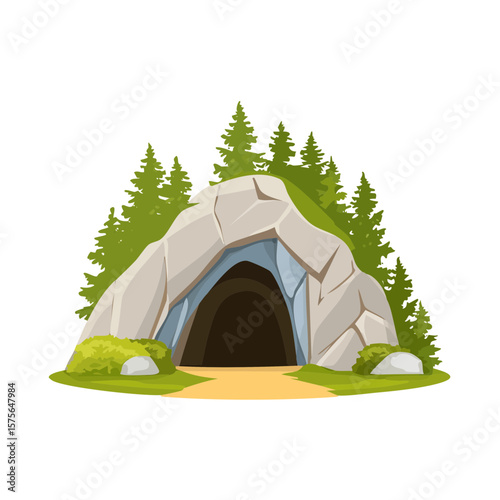 Cartoon Cave Entrance with Rock and Bushes Landscape Vector Illustration