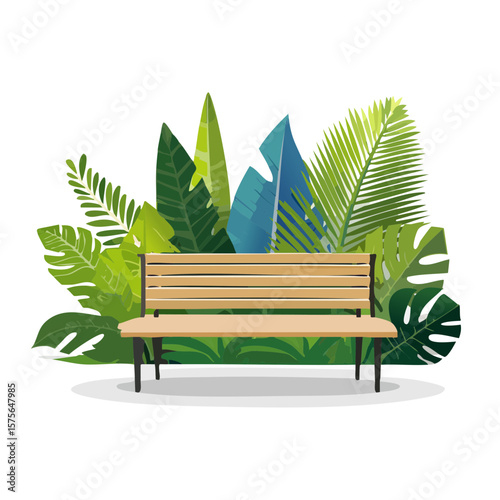Park Bench Surrounded by Tropical Plants - Relaxing Scene Illustration