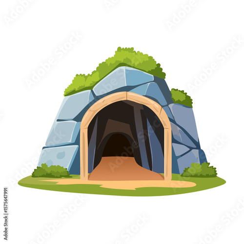 Cartoon image of a cave entrance with stone arch and surrounding greenery.