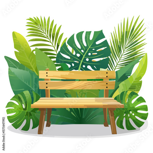 Tropical Bench Oasis: A Tranquil Seat Surrounded by Lush Greenery