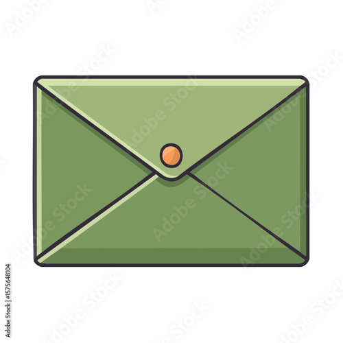 Simple closed olive green envelope with button for invitation or correspondence. Illustration for mail concept or message design with dark outline.