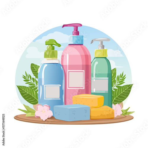 Hand soap and soap bars illustration for skincare products