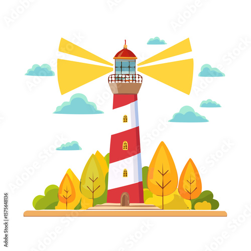 Lighthouse Scene with Autumn Trees and Cloudy Sky Illustration