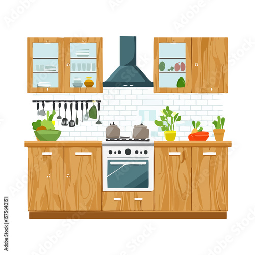 Cozy Kitchen Interior Illustration with Cabinets, Stove, and Cookware