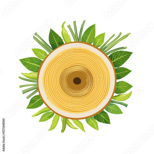 Cross section of a tree trunk with foliage