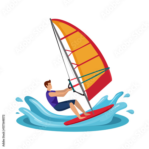 Windsurfing Adventure: Man Riding Waves on Sailboard