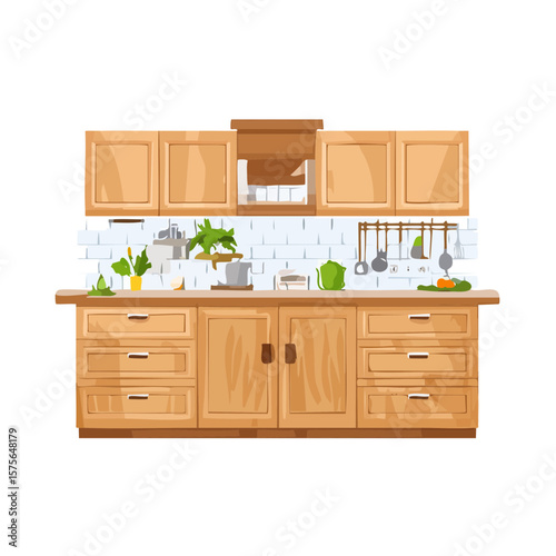 Cozy Kitchen Scene Illustration with Wooden Cabinets and Cookware