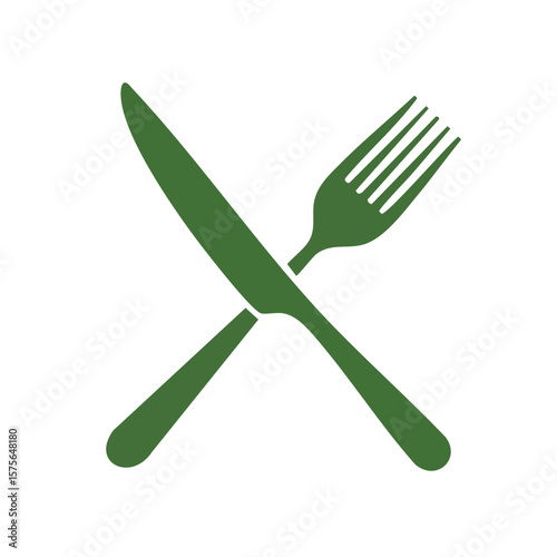 Crossed fork and knife cutlery symbol simple minimalistic food vector art.  Kitchen dining restaurant cafe food icon.