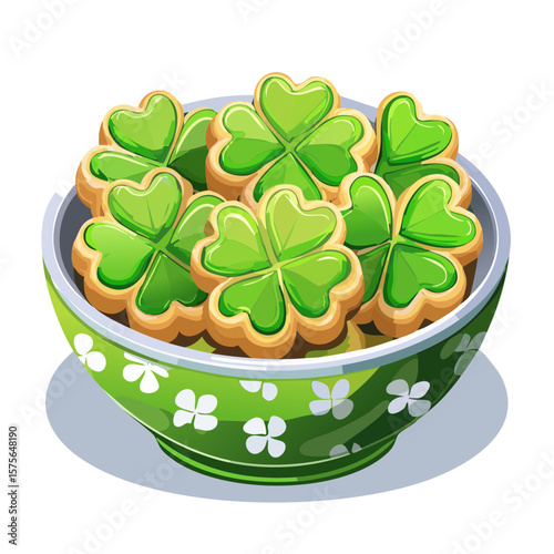 Bowl of shamrock cookies for St. Patrick's Day or good luck sweets, green and gold clover biscuits