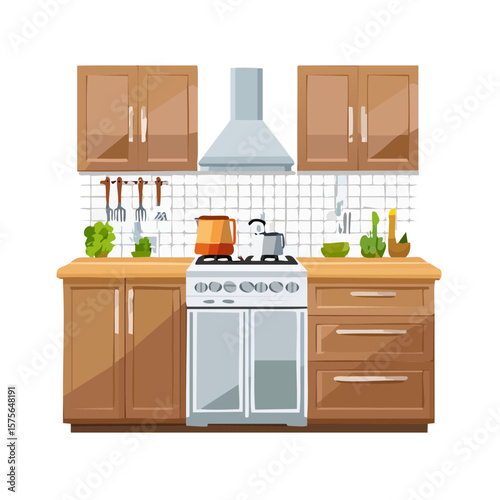 Illustration of a kitchen setup with cabinets, stove, and accessories.