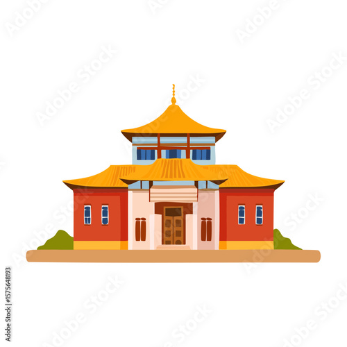 Cartoon illustration of a traditional Asian building with ornate roof and design elements