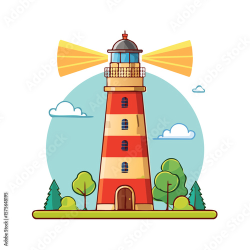 Cartoon Lighthouse by the Sea with Sky and Clouds Illustration