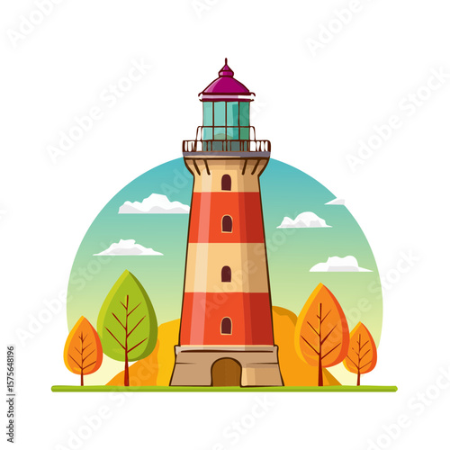 Cartoon Lighthouse Landscape with Autumn Trees and Cloudy Sky