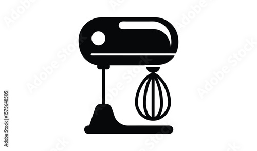 Black and white icon of a modern electric hand mixer with whisk attachment