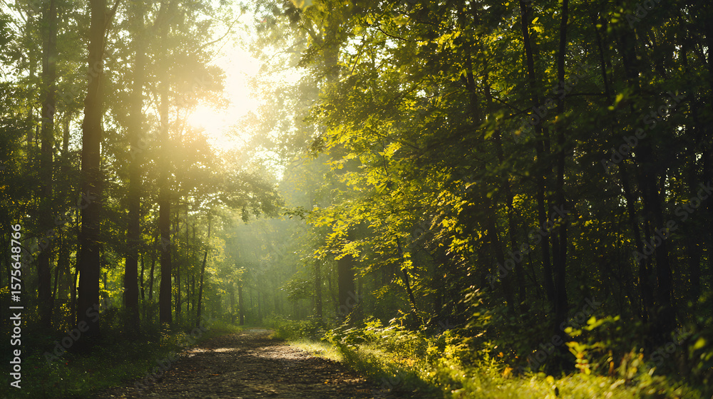 Obraz premium Sunlit forest path with golden rays through trees, a serene nature escape