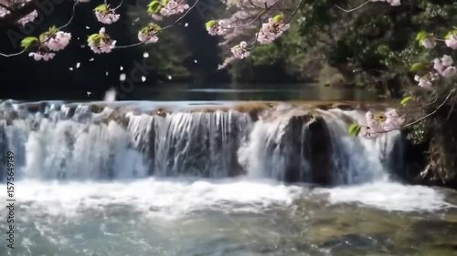 Blooming Spring Waterfall Scene With Cherry Blossoms And Lush Foliage